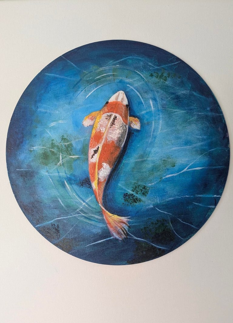 Overhead view of red and white koi fish swimming in blue water surrounded by aquatic plants, circular artwork
