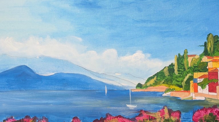 Painting of a Mediterranean coastal village with colorful buildings, sailboats on blue water, mountains in the distance, and pink flowers in the foreground